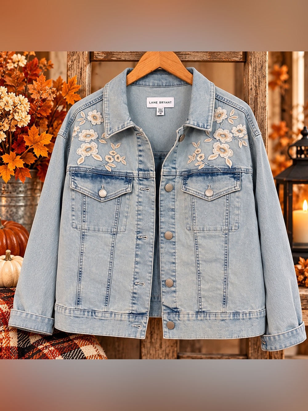 Lane Bryant Light Wash Denim Jacket with Cream Floral Embroidery